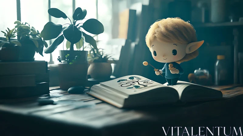 Enchanting Elf Cartoon Character with Book AI Image