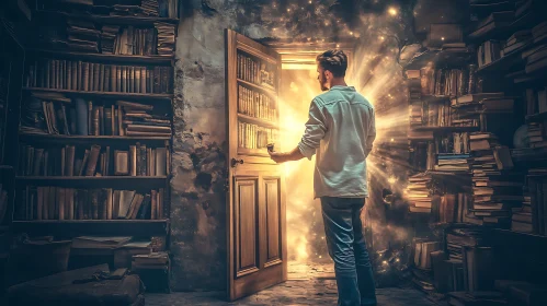 Illuminated Doorway in a Book Filled Room