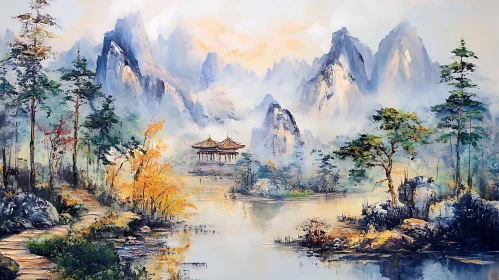 Peaceful Mountain and Lake View Artwork