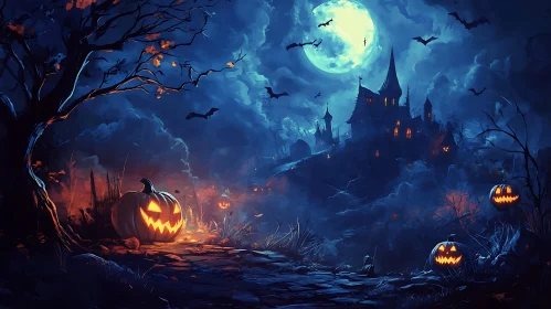 Moonlit Halloween Castle with Jack-o'-lanterns