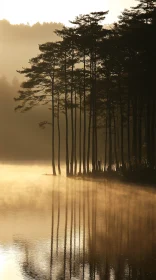 Tranquil Morning at a Misty Lake with Tree Reflections