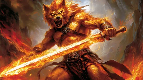 Angry Werewolf Warrior with Burning Sword