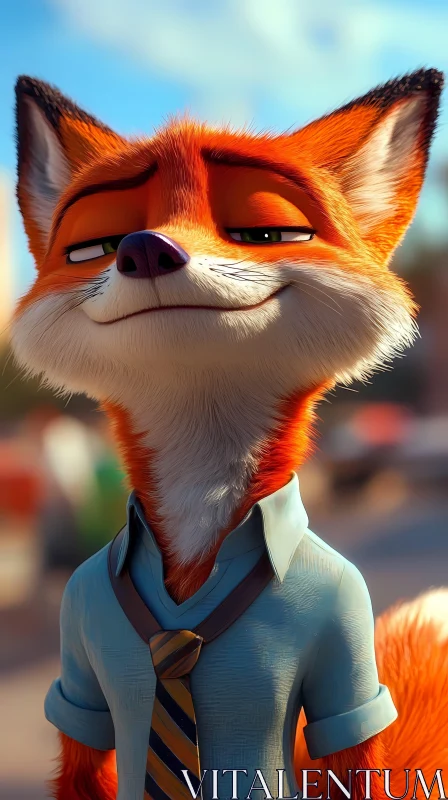 Playful Cartoon Fox in Blue Shirt AI Image