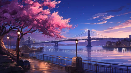 Enchanted Bridge Amidst Pink Blossoms: A Romanticized Realism Artwork