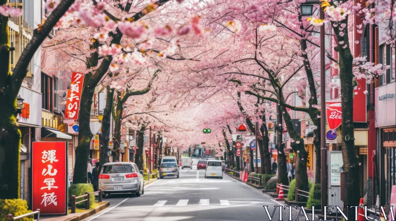 Enchanting Cherry Blossom Street: A Captivating Nature Scene AI Image