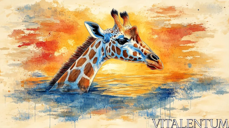 Watercolor Giraffe in Tranquil Sunset AI Image