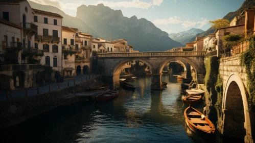 Italianate Village Scene with Boats, Bridge, and Mountains