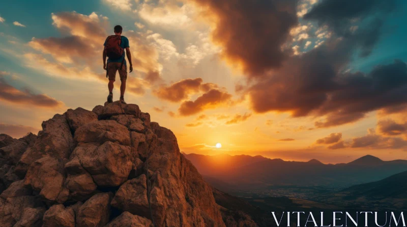 Man on Mountain Top Overlooking Sunset: An Image of Adventure and Grandeur AI Image