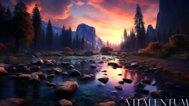Mountain Stream at Sunset: A Nature Masterpiece AI Image