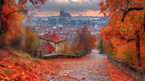 Prague Castle Through Fallen Leaves: A Captivating View of Terraced Cityscapes