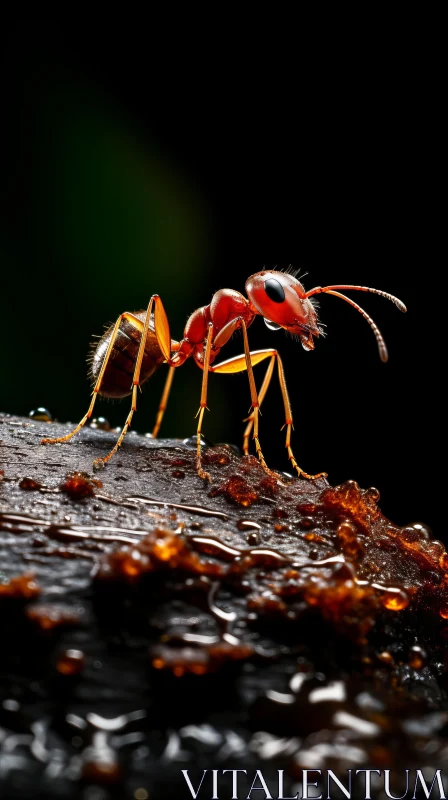 AI ART Red Ant on Tree Stump: An Amber-Lit Still Life