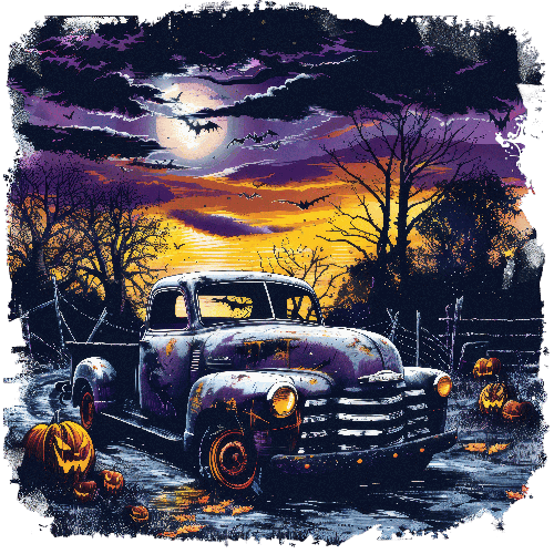 Vintage Halloween Scene with Retro Truck and Pumpkins POD Design