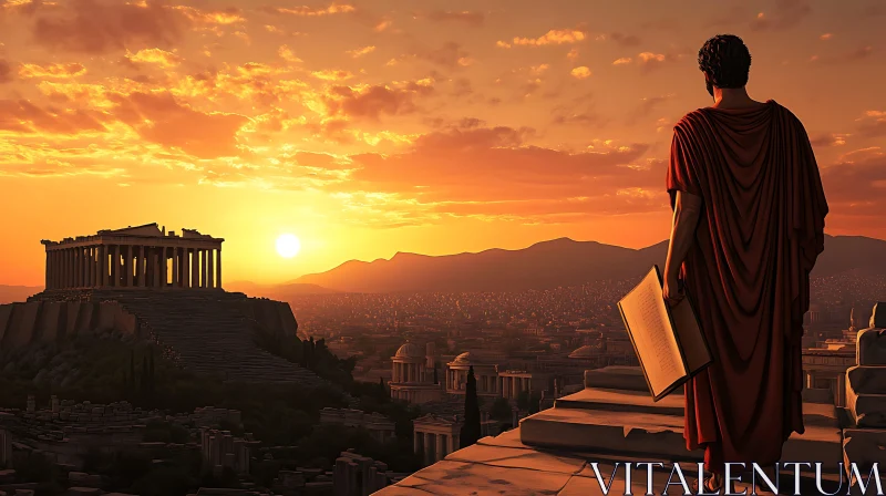 Man with Book Overlooking Ancient City AI Image