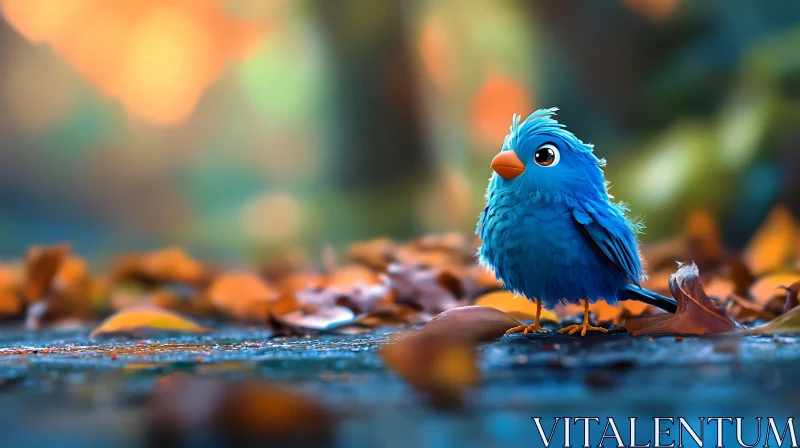 Whimsical Blue Bird Among Fallen Leaves AI Image