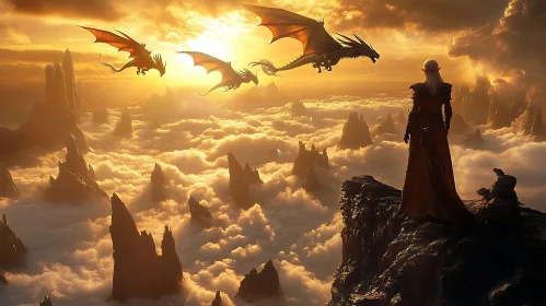 Fantasy Landscape with Dragons and Elf