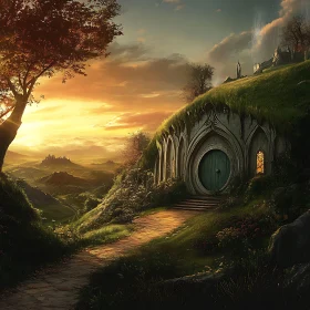 Picturesque Hobbit Home in Golden Light