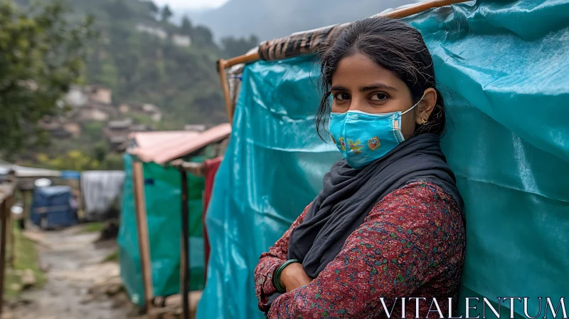 Woman in Mask Amidst Village Backdrop AI Image