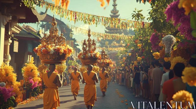 Procession of Monks with Golden Offerings AI Image