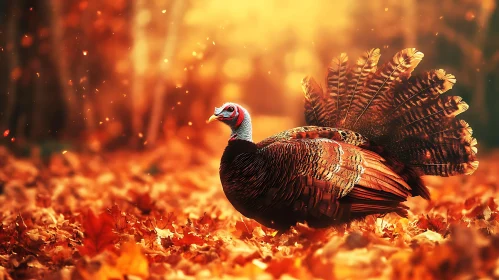 Turkey among autumn leaves