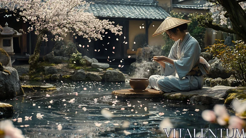 AI ART Peaceful Woman in Japanese Garden with Tea