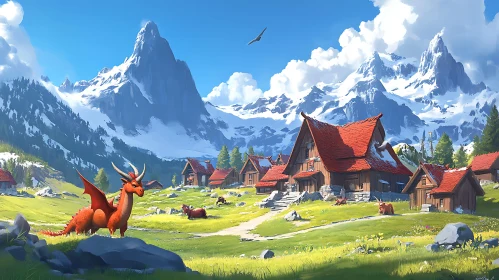 Fantasy Landscape with Dragon and Village