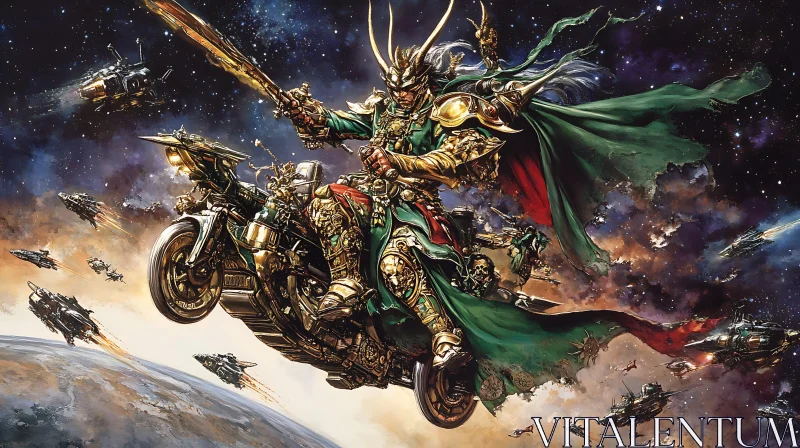 AI ART Fantasy Warrior Riding Motorcycle in Space