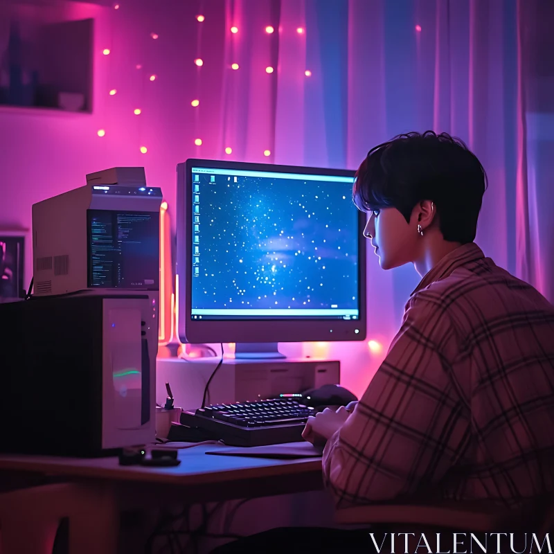 Person Working at Neon-Lit Desk with Starry Night Monitor AI Image