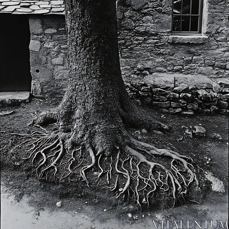 Entwined Roots and Stone Wall AI Image