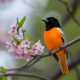 Oriole Bird with Pink Flowers