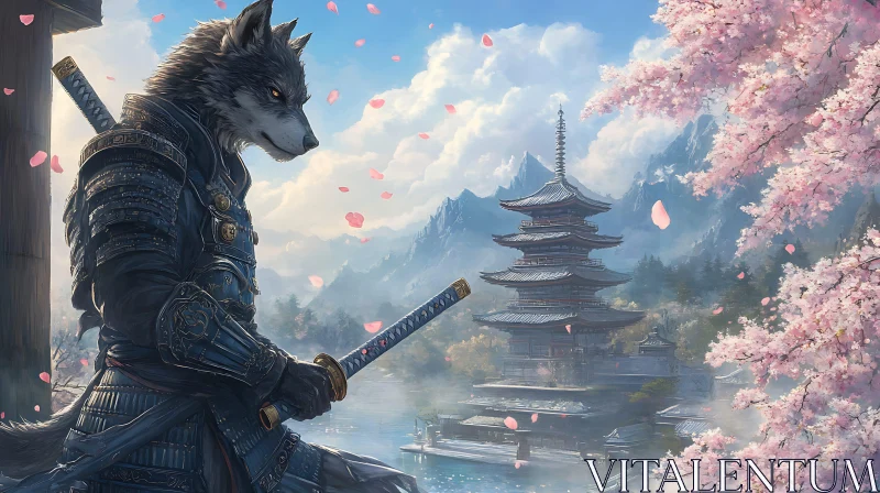 Samurai Wolf in a Blossoming Landscape AI Image