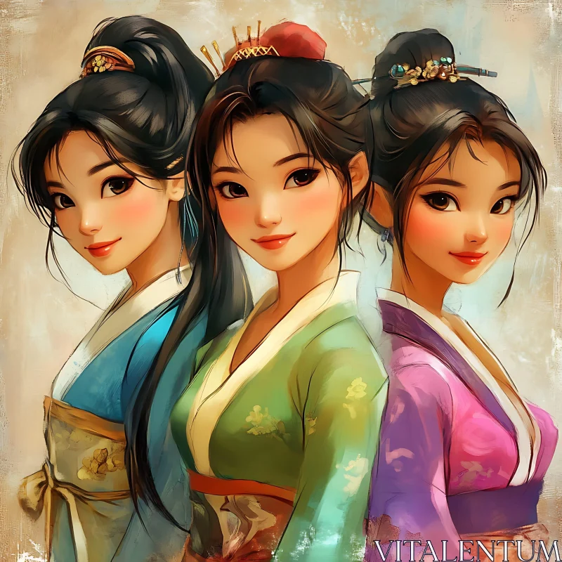 Three Beauties: An Asian Inspired Portrait AI Image