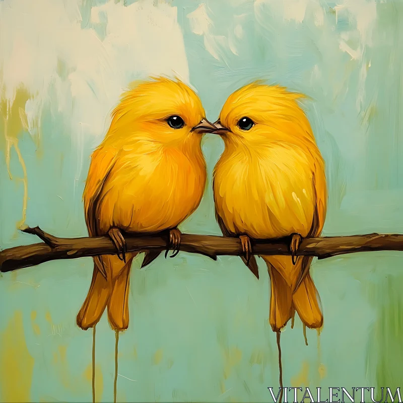 Yellow Birds Touching Beaks on Branch AI Image