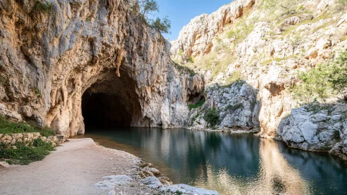 Scenic Cave and Lake in Rugged Cliffs