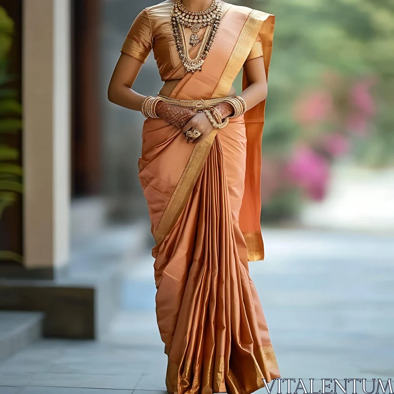 Peach Sari with Golden Embroidery AI Image