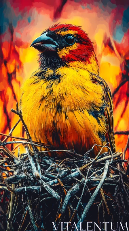 AI ART Fiery Backdrop Bird in Nest