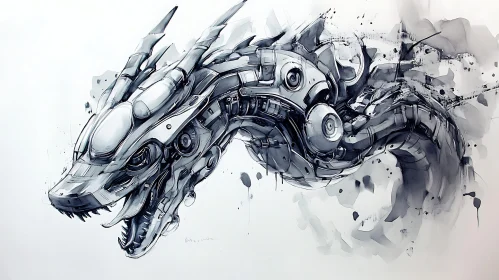 Robotic Dragon Head in Monochrome
