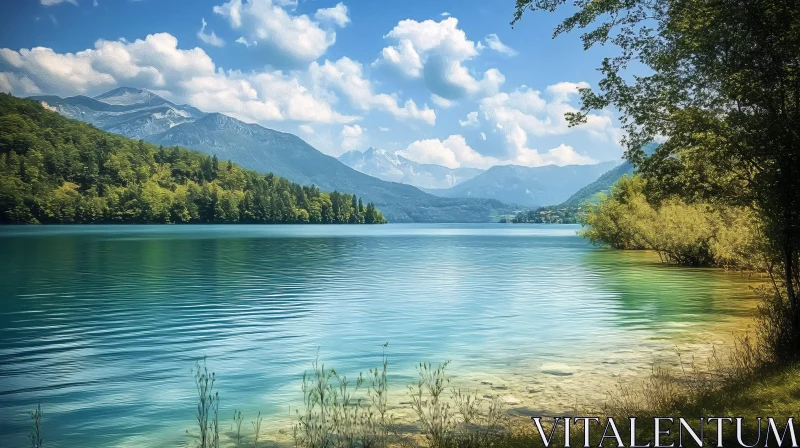 AI ART Tranquil Lake with Mountain Views and Reflective Water