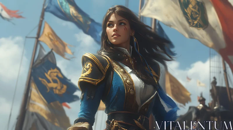 AI ART Female Warrior in Blue and Gold Armor