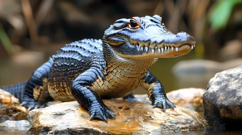 Wild Alligator on Rock Near Water