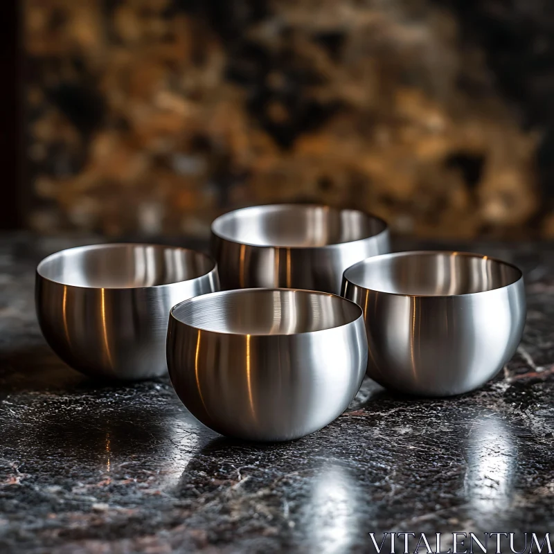 Gleaming Metal Bowls on Textured Surface AI Image