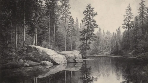 Calm Lake with Reflecting Pines and Rocks