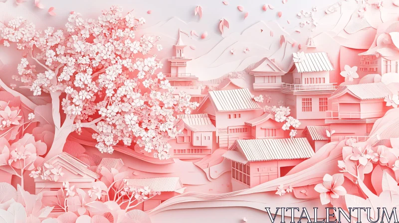 Delicate Pink Paper Landscape with Blossoms AI Image