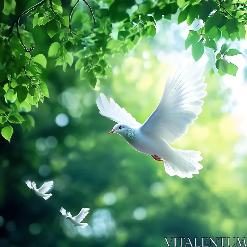 White Doves Soaring in Green Nature AI Image