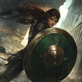 Female Warrior in Armor with Shield
