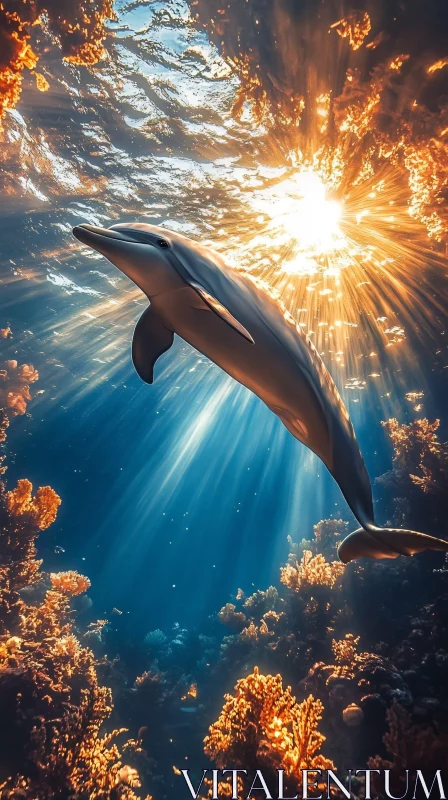 Dolphin in Sunlit Coral AI Image