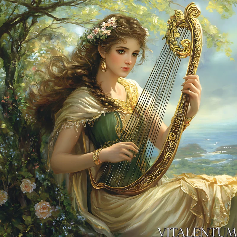 AI ART Woman Playing Harp by the Sea