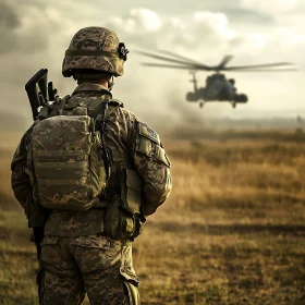 Military Scene with Soldier and Chopper