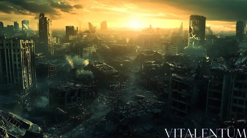 Golden Hour Over a Decimated Metropolis AI Image