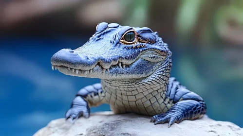 Vividly Blue Crocodile on Rock