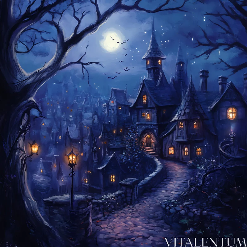 Moonlit Village Mystery AI Image